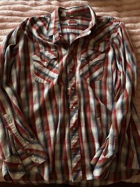Men's Plaid Button-Up Shirt in Red and Blue